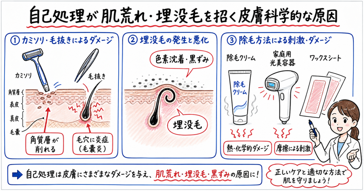 自己処理が引き起こす肌荒れ・埋没毛が治らない皮膚科学的な原因