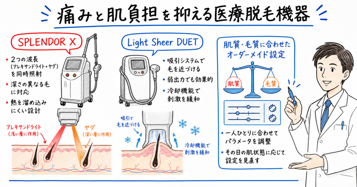 痛みを抑えて肌への負担を最小限に!当院が誇る高性能な医療脱毛機器