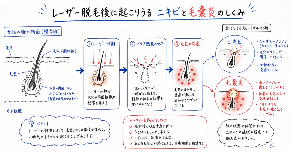 医療脱毛後に白いポツポツ?毛嚢炎の原因とニキビとの違いを解説