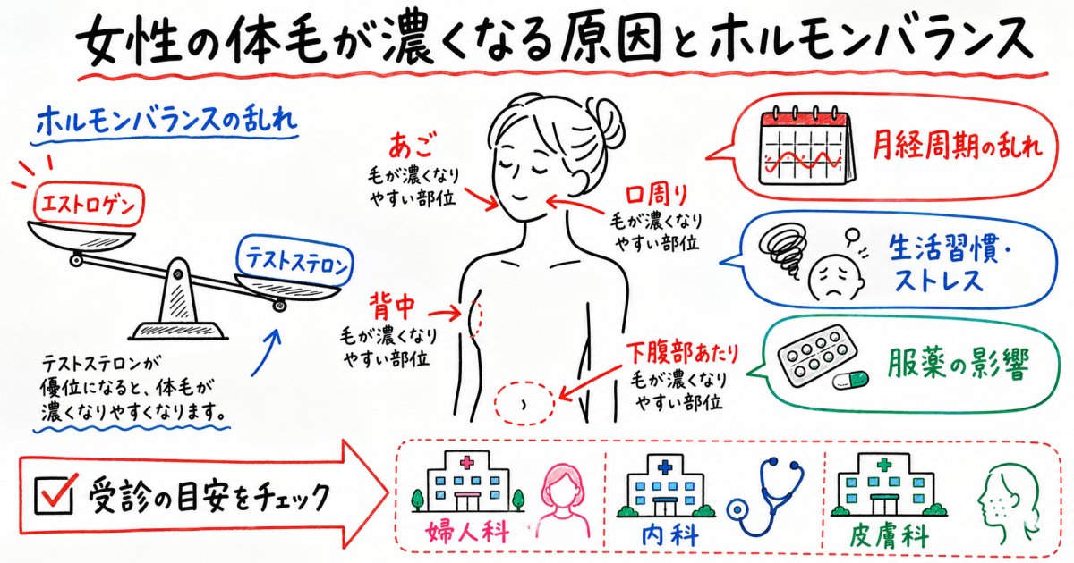 女性の体毛が急に濃い原因は？ホルモンの乱れと受診の目安を解説