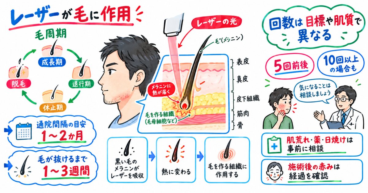 ヒゲ脱毛の仕組みと効果｜肌荒れが気になる男性の通院回数と赤み