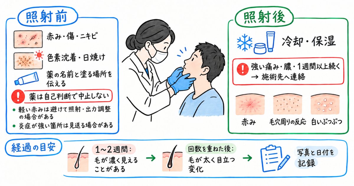 剃り負けしやすい肌では、施術前後に何を確認する?