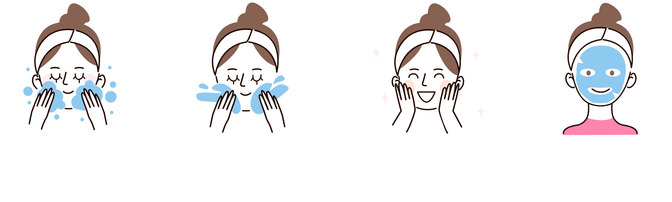 泡をしっかりあてて、優しく時間をかけて洗顔 たっぷりのお水で優しく、時間をかけて洗い流す しっかり拭き取る 保湿をする