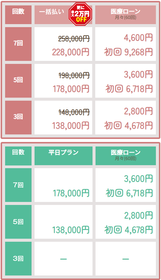 全身脱毛ライト（かお・VIO・うなじなし）の料金表2