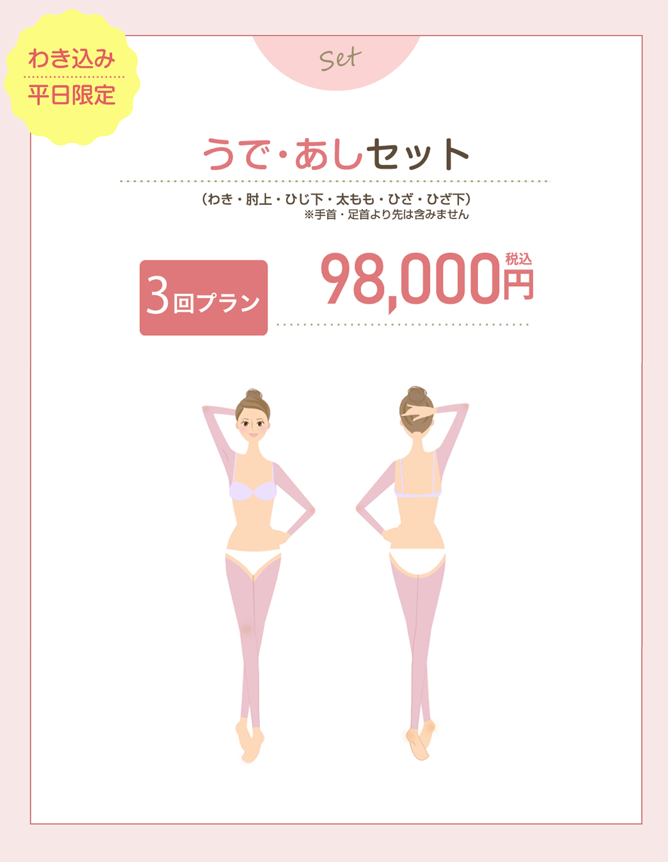 うで・あしセット（わき・肘上・ひじ下・太もも・ひざ・ひざ下）の料金表
